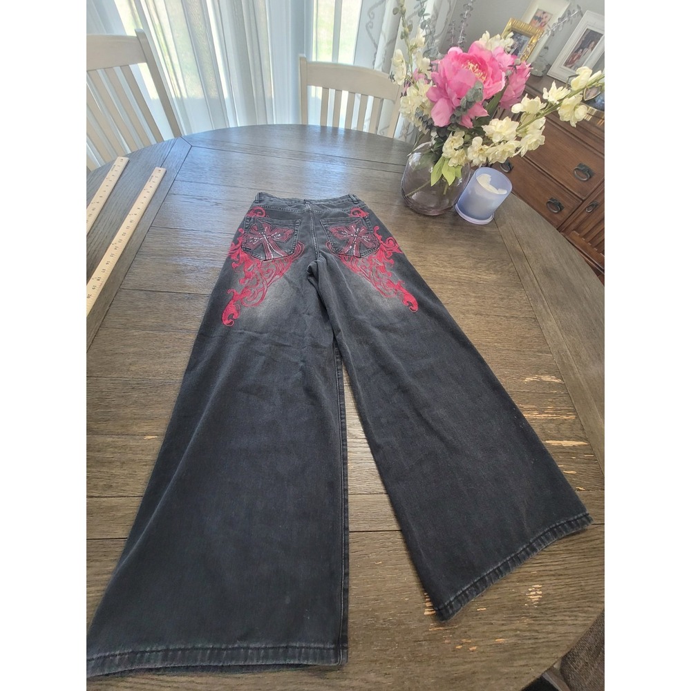 Romwe Wide Leg Jeans with Crosses Grunge Skater Indie Sleaze Sz 0 waist 24